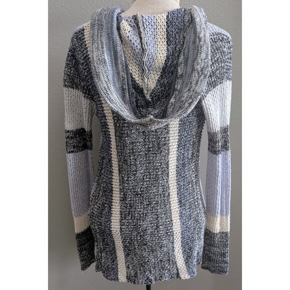 Womens Elan 100% Cotton Open Front Hooded Striped Cardigan Gray White Black Sz S - Picture 2 of 4